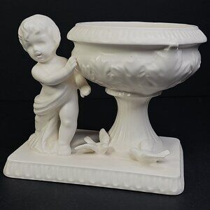 Vintage Japanese Cherub Cupid Doves Romantic 5” Ivory Ceramic Vase/Planter Japan